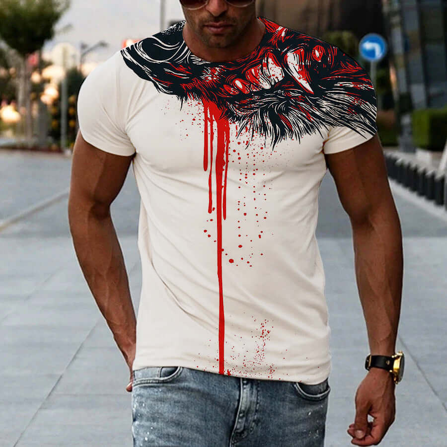 3D printed men's t-shirt featuring a bold graphic design with red splashes on a cream background, modeled by a man.