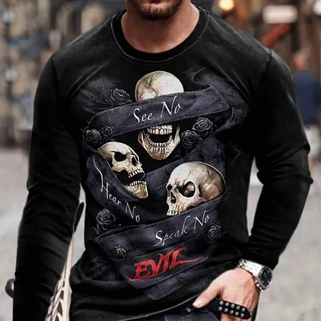 3D printed streetwear t-shirt featuring skull graphics and vintage design for a bold casual look.