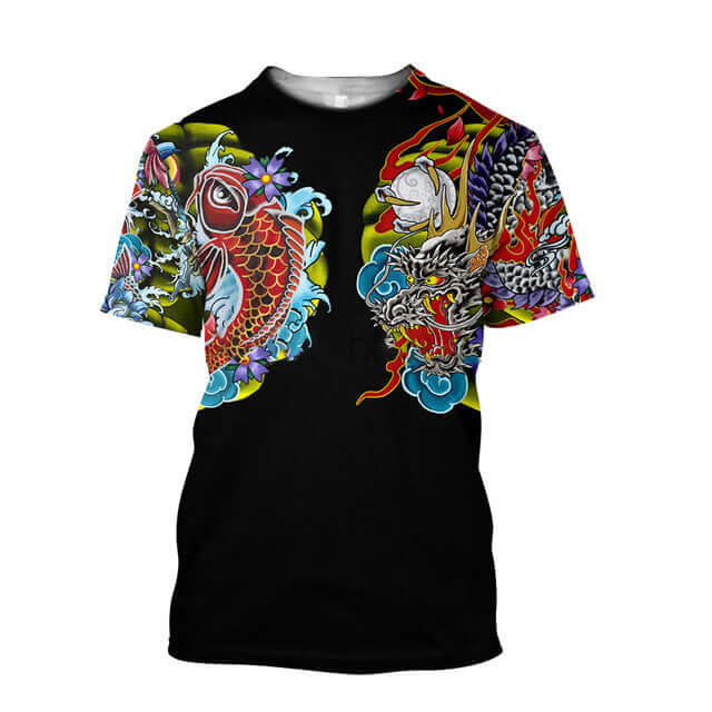 3D Men's T-shirt Samurai Printed T-shirt Loose Round Neck featuring vibrant colorful designs of fish and dragon.