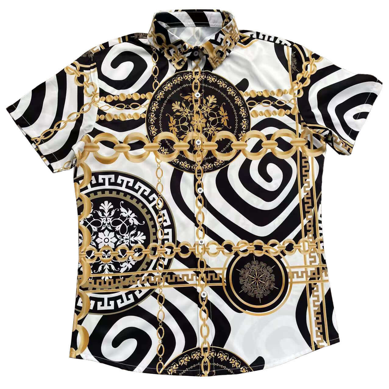 3D printed casual summer shirts featuring a bold black and white chain pattern with gold accents.