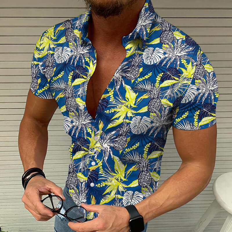 3D printed casual summer shirts in vibrant blue and yellow tropical pattern on a man.