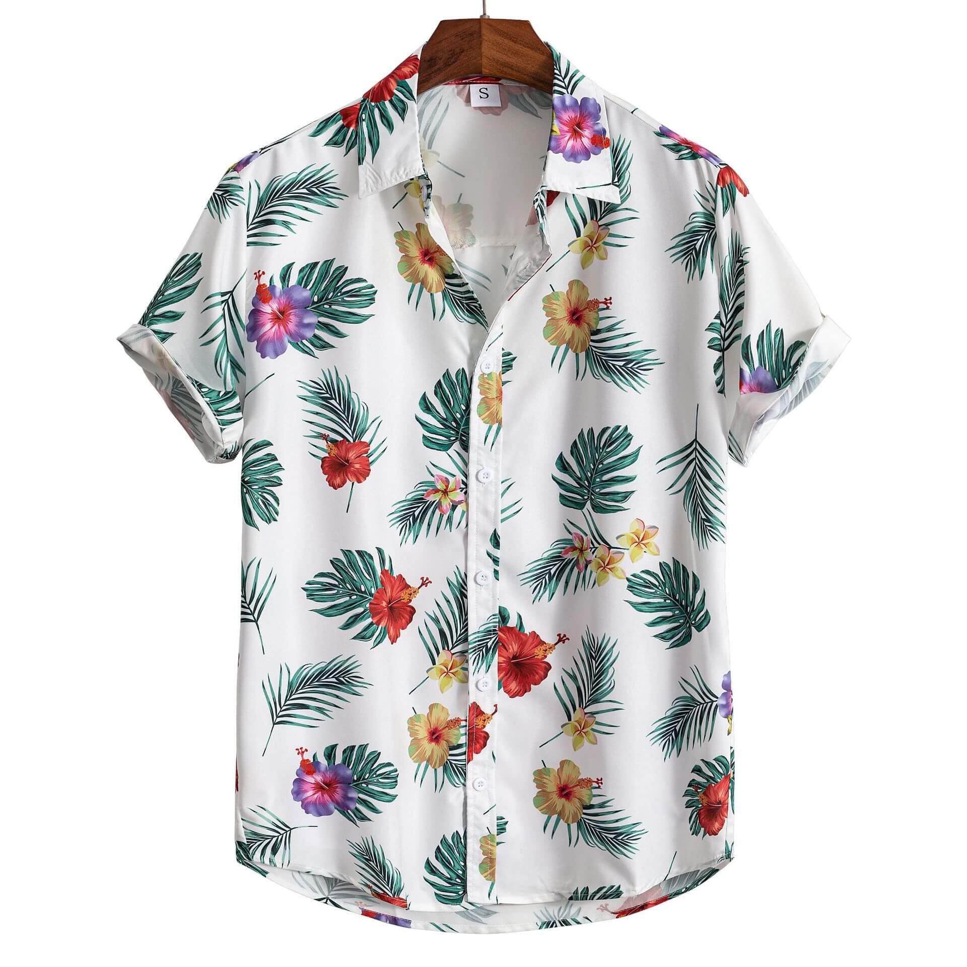 3D printed Hawaiian cardigan shirt showcasing vibrant floral patterns and short sleeves for men.