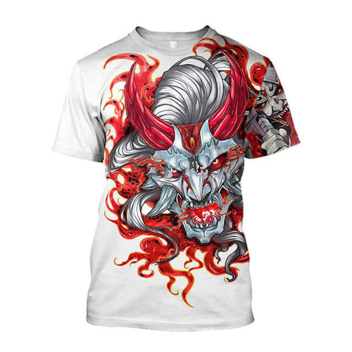3D samurai printed t-shirt featuring bold red and white graphic design with a fierce samurai mask