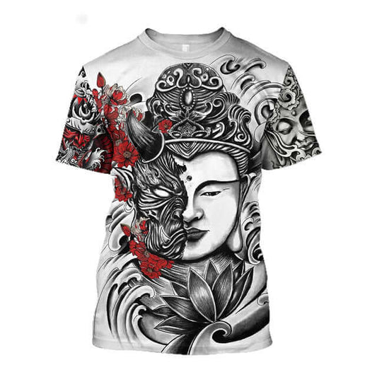 3D Men's T-shirt Samurai Printed T-shirt Loose Round Neck featuring intricate samurai and lotus design.