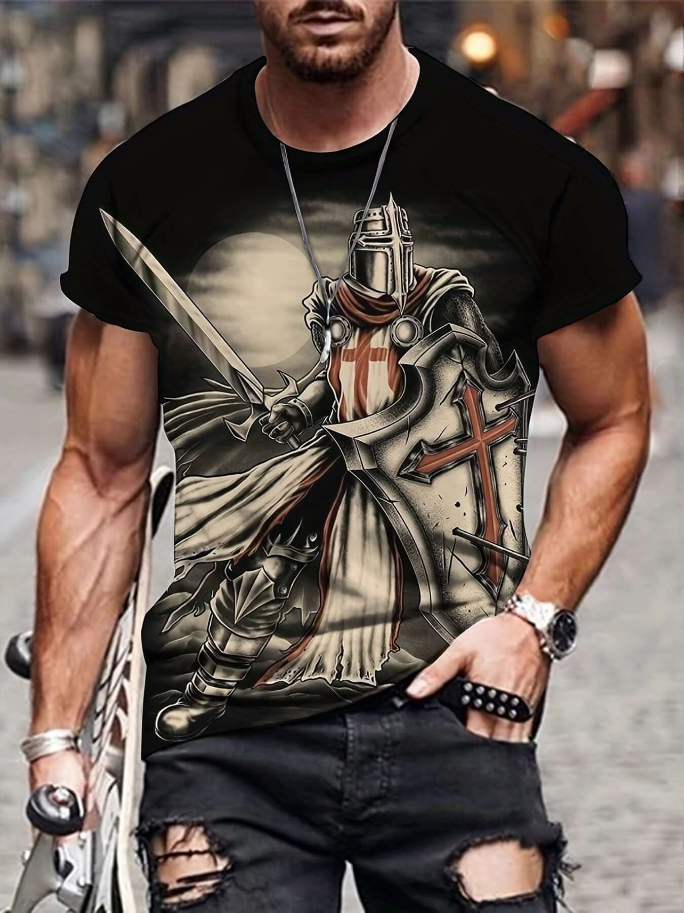 3D printed summer T-shirt for men - Casual Breathable Short Sleeve Top featuring a knight design on a casual black shirt.