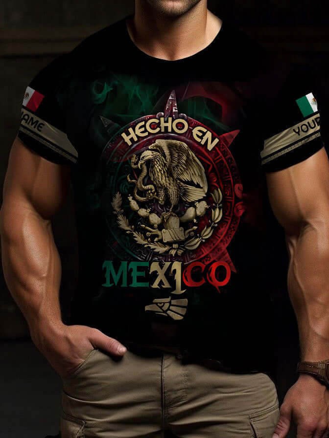 Men's Short-sleeved T-shirt Business Casual Series Digital 3D Printing featuring Mexican emblem design.