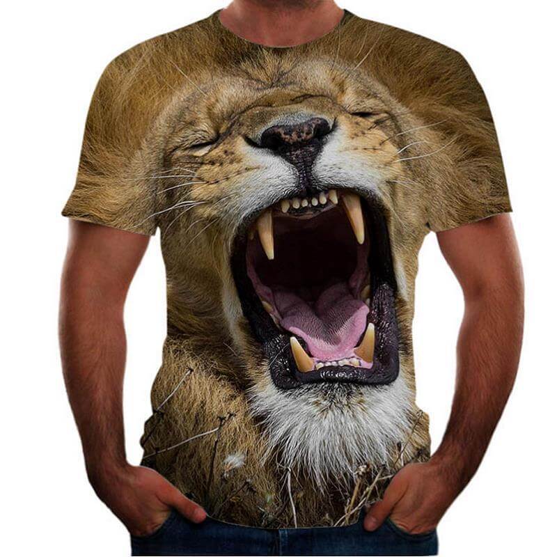 New Animal Print 3d T-shirt Men's Short Sleeve featuring a lion's face roaring in vibrant detail.