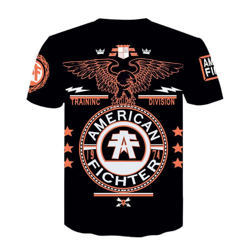 Men's vintage Harajuku shirts featuring an American Fighter graphic design on the back.