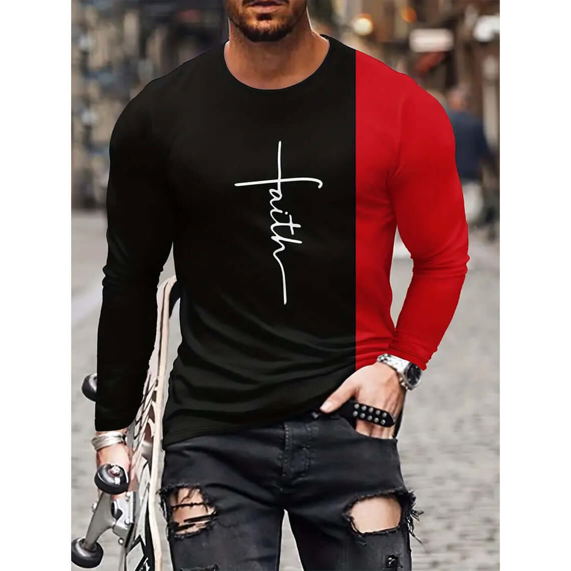 Retro Men's T-shirt 3D Printed Street Hip-hop Loose Crew Neck Casual Long Sleeve on model in urban setting.