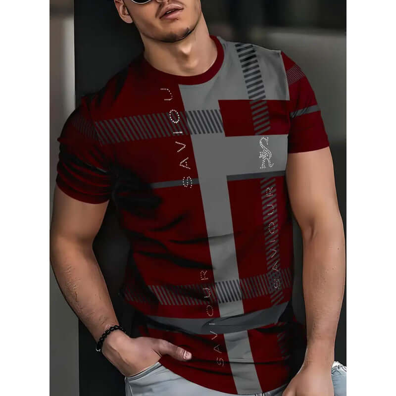 Men's Short-sleeved T-shirt Business Casual Series Digital 3D Printing in burgundy and grey pattern.