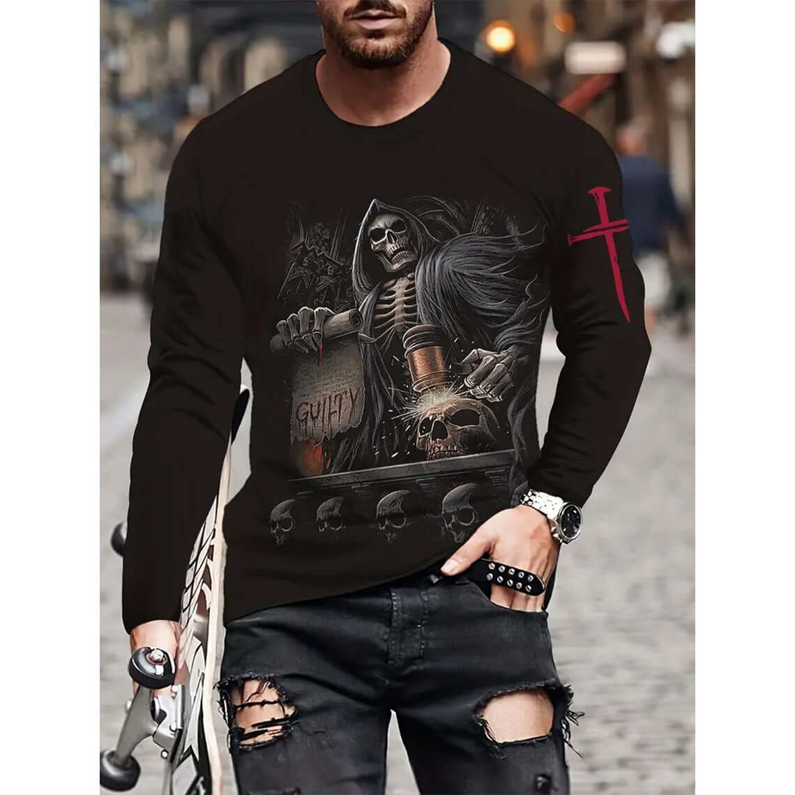 Retro Men's T-shirt 3D Printed Street Hip-hop Loose Crew Neck Casual Long Sleeve featuring bold skull graphic and cool design.