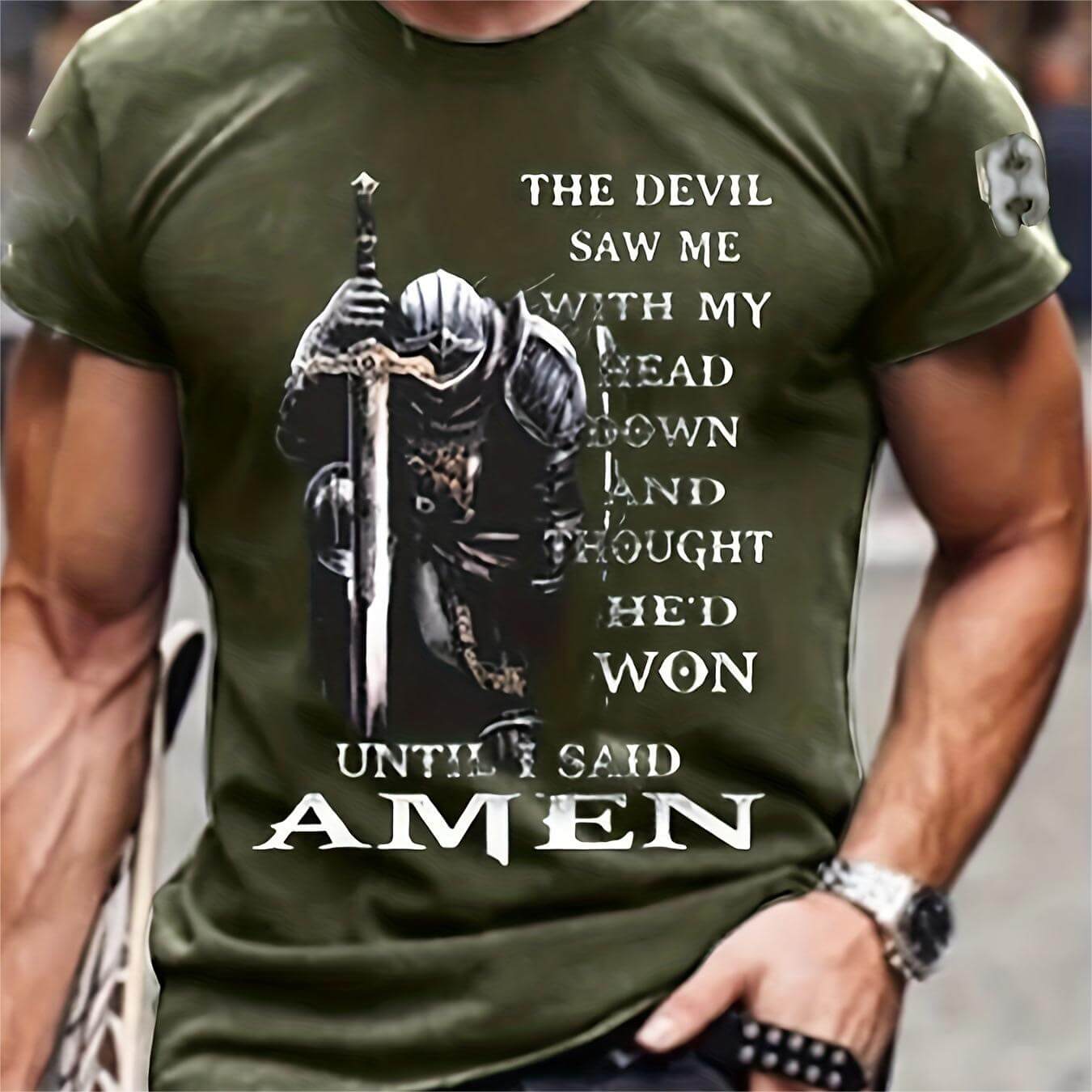 3D printed summer T-shirt for men featuring knight design with quote about strength and faith.