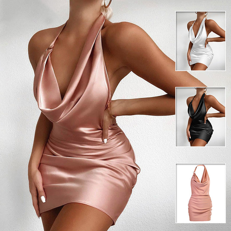 Sexy Satin Effect Backless Mini Dress V Neck