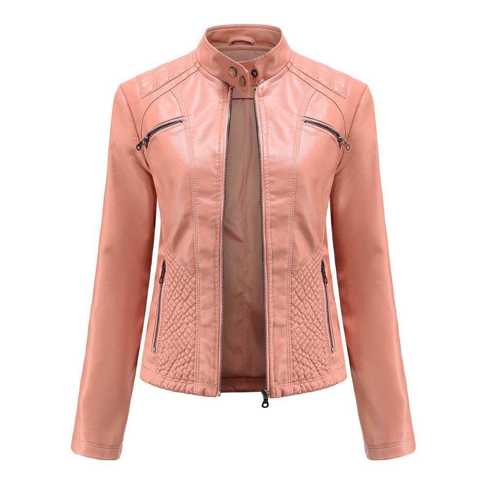 Women's Casual Leather Clothing Stand Collar Jacket
