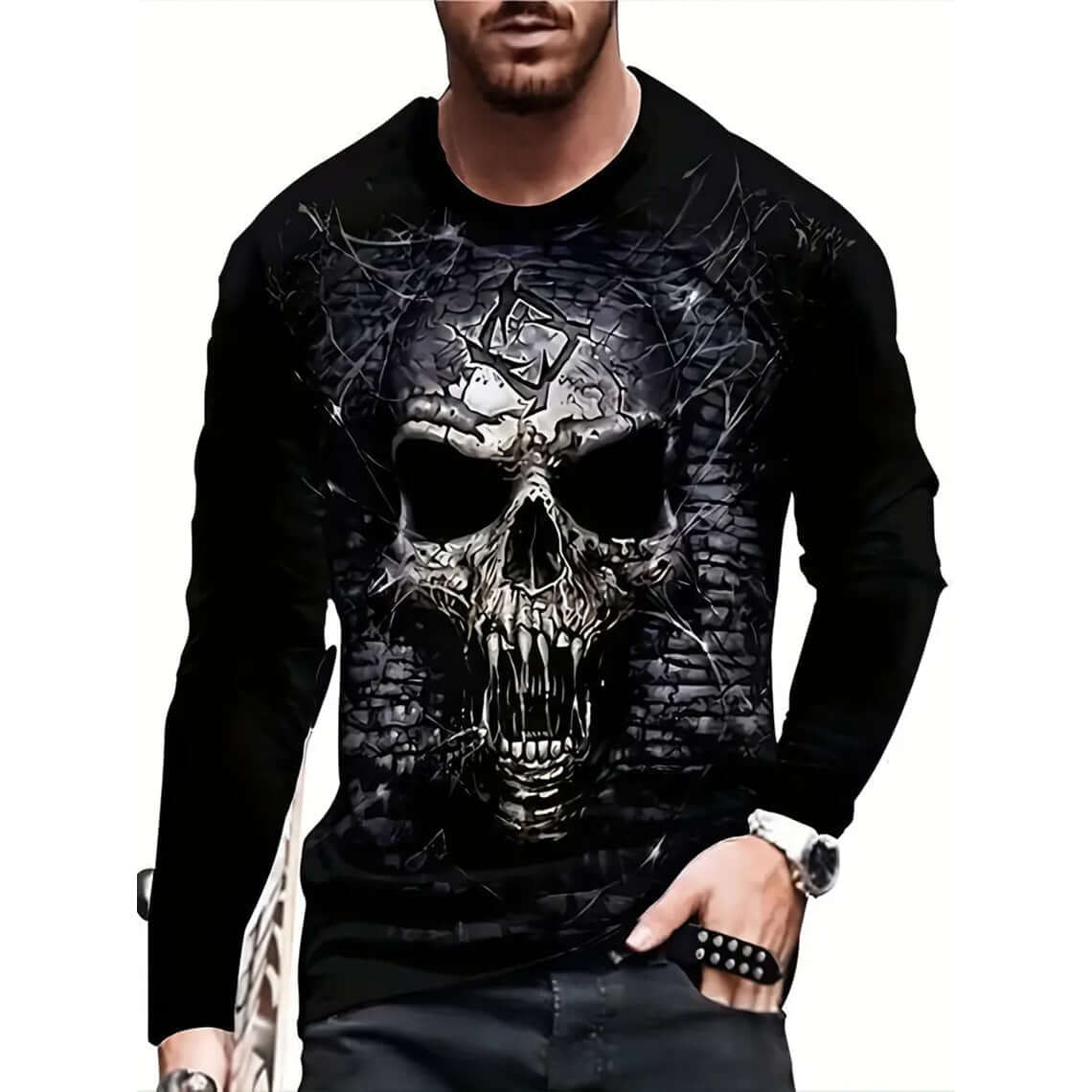 Retro Men's T-shirt 3D Printed Street Hip-hop Loose Crew Neck Casual Long Sleeve with skull design