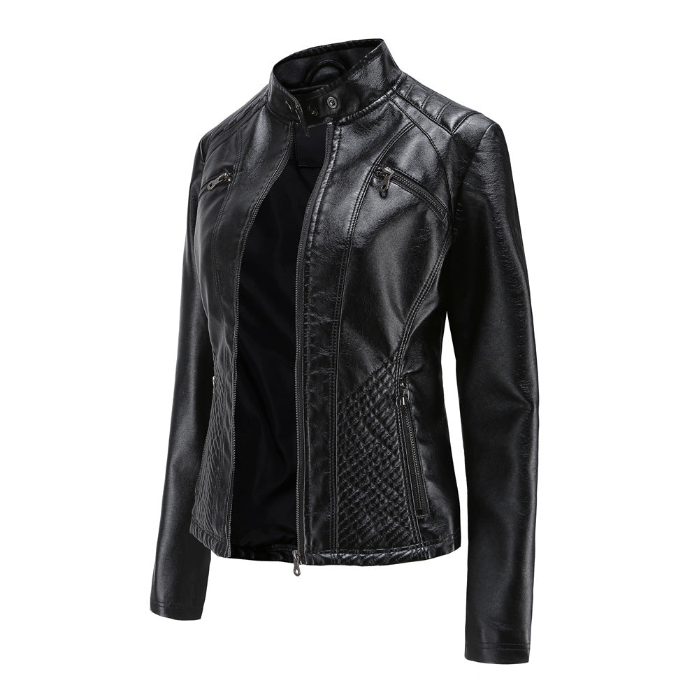 Women's Casual Leather Clothing Stand Collar Jacket
