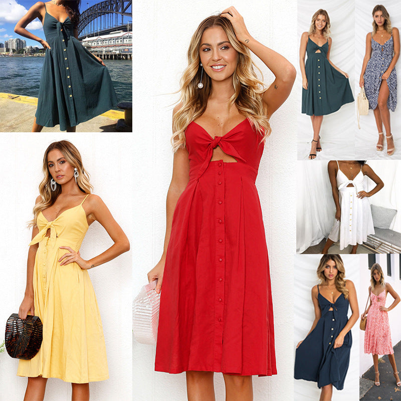 Summer Sleeveless Midi Dress Backless Tie Front
