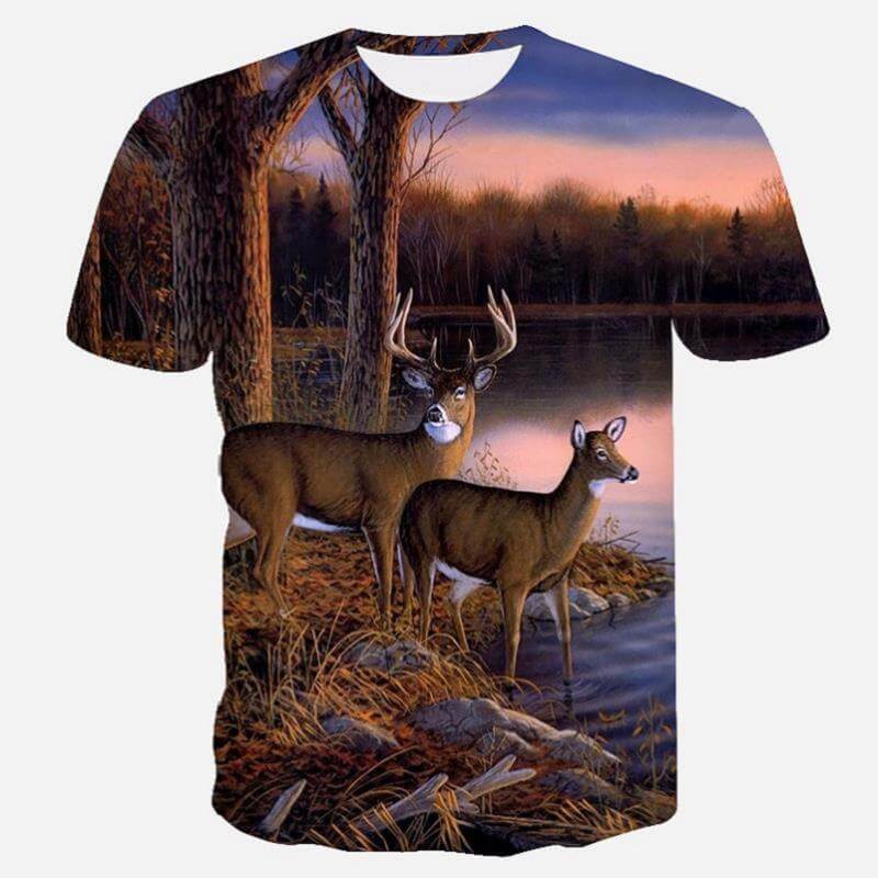 Animal print 3D t-shirt for men featuring deer by a lake at sunset, short sleeve design.