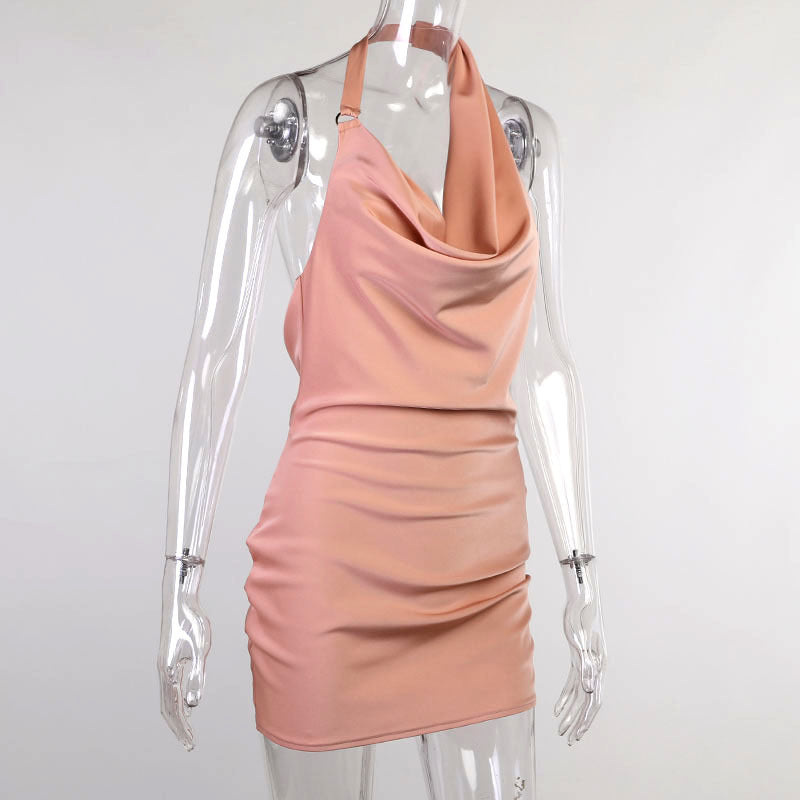 Sexy Satin Effect Backless Mini Dress V Neck