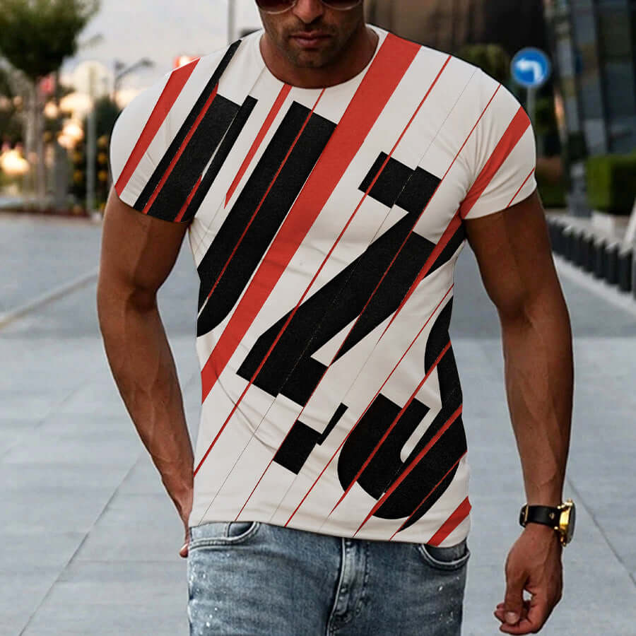 New Men's Printed 3D T-shirt Short Sleeve in a modern design with bold stripes and patterns.