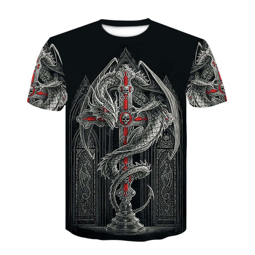 Men's vintage Harajuku shirts with dragon and cross print on black background.