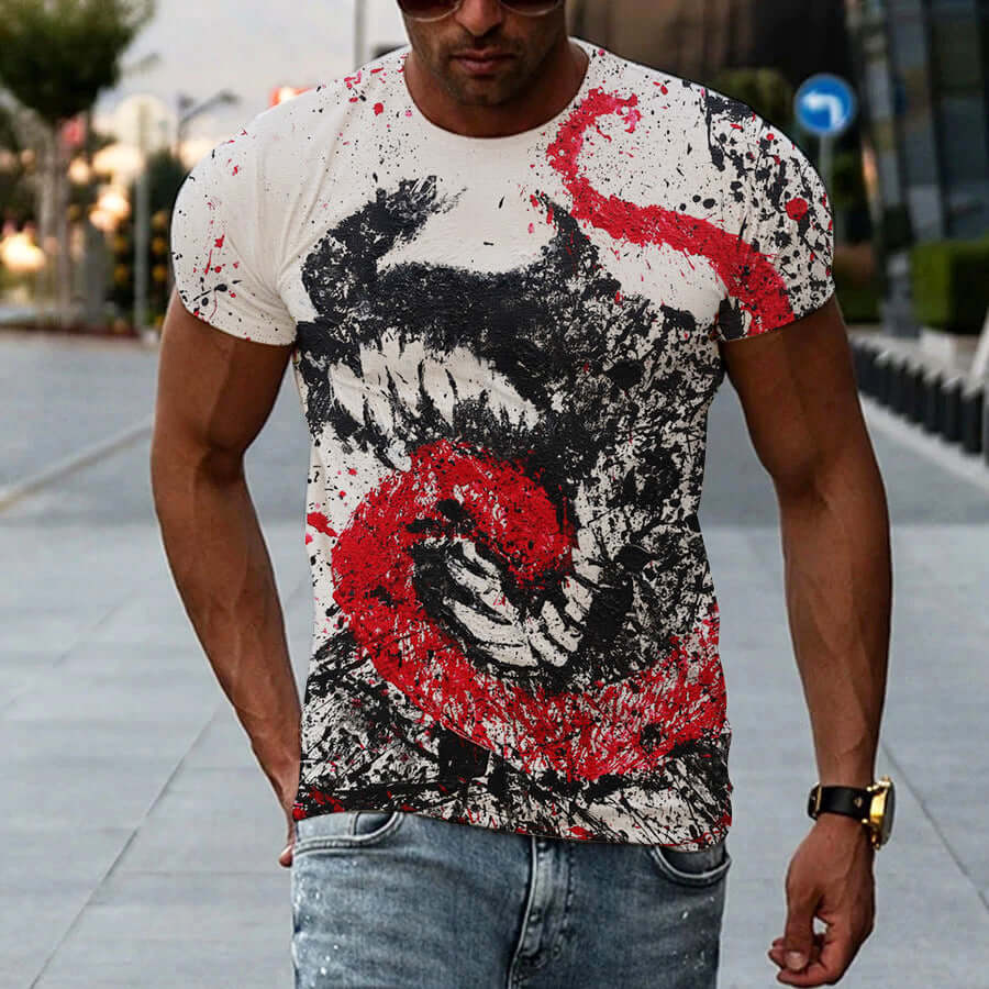 3D printed men's t-shirt featuring a bold graphic design in black and red, modeled by a man outdoors.