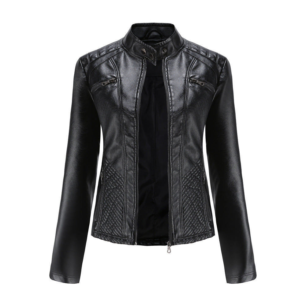 Women's Casual Leather Clothing Stand Collar Jacket