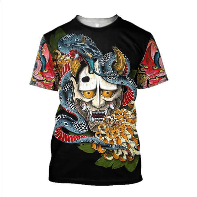 3D Men's T-shirt Samurai Printed T-shirt Loose Round Neck featuring a unique design with a mask and snakes.