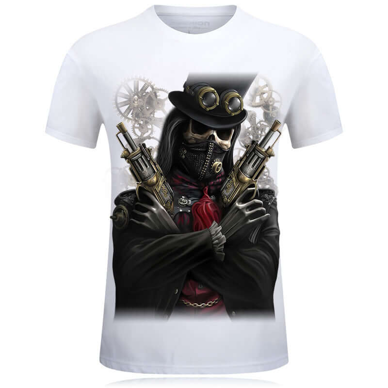 Hot selling 3D Design Tshirt featuring a stylish graphic of a character with guns and goggles.