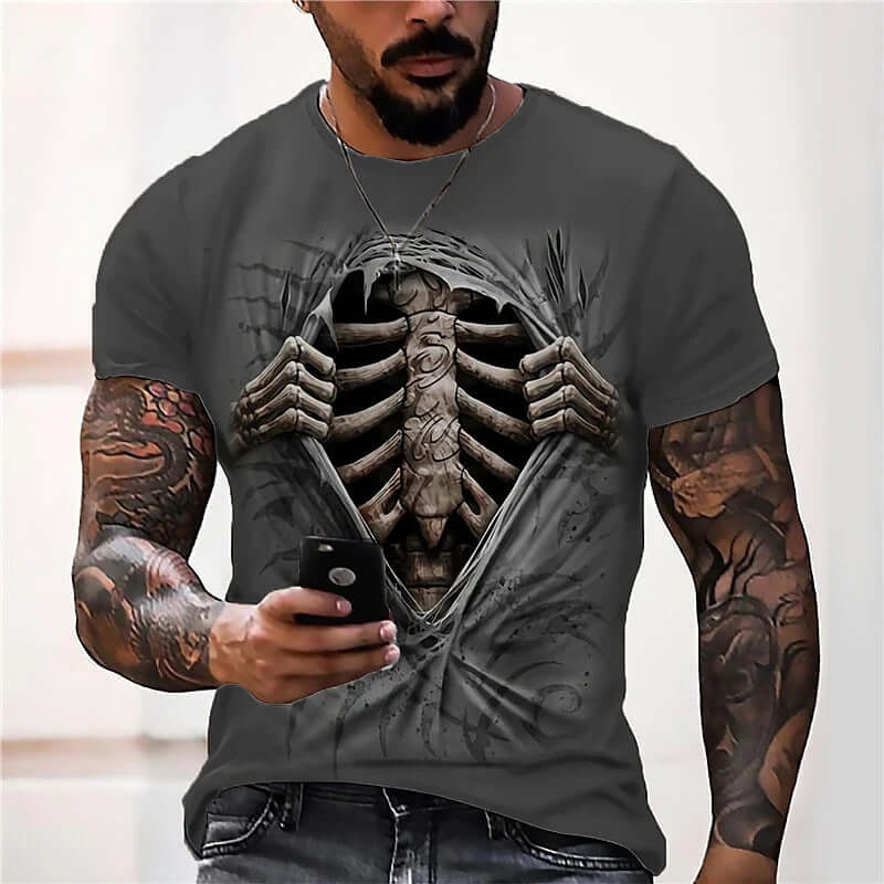 3D printing boys short sleeve t-shirt featuring skeleton ribcage graphic design on a dark background.