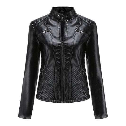 Women's Casual Leather Clothing Stand Collar Jacket