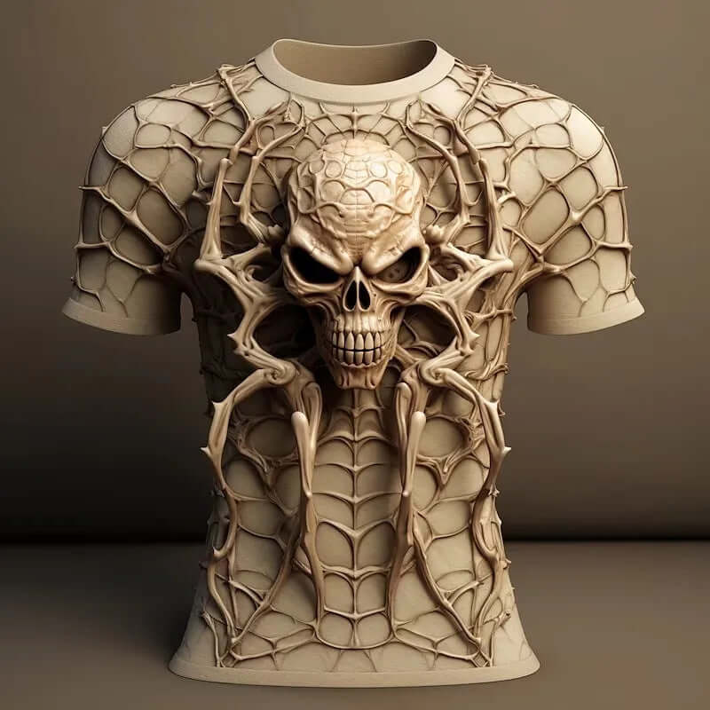 Men's 3D skull pattern hip hop t-shirt featuring a detailed skull design with web-like textures.