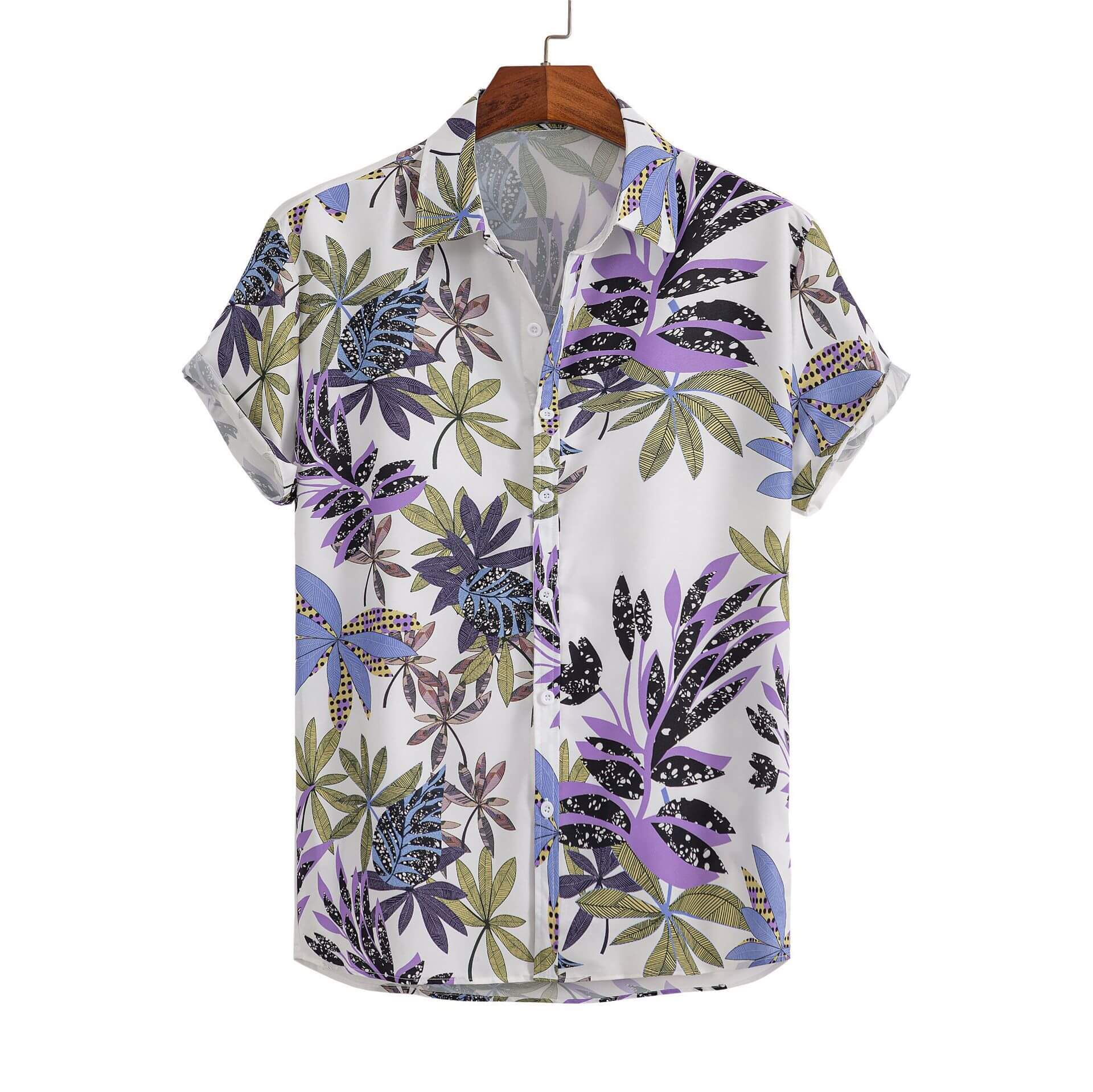 3D printed Hawaiian cardigan shirt showcasing vibrant tropical leaf patterns for men's short-sleeved fashion.