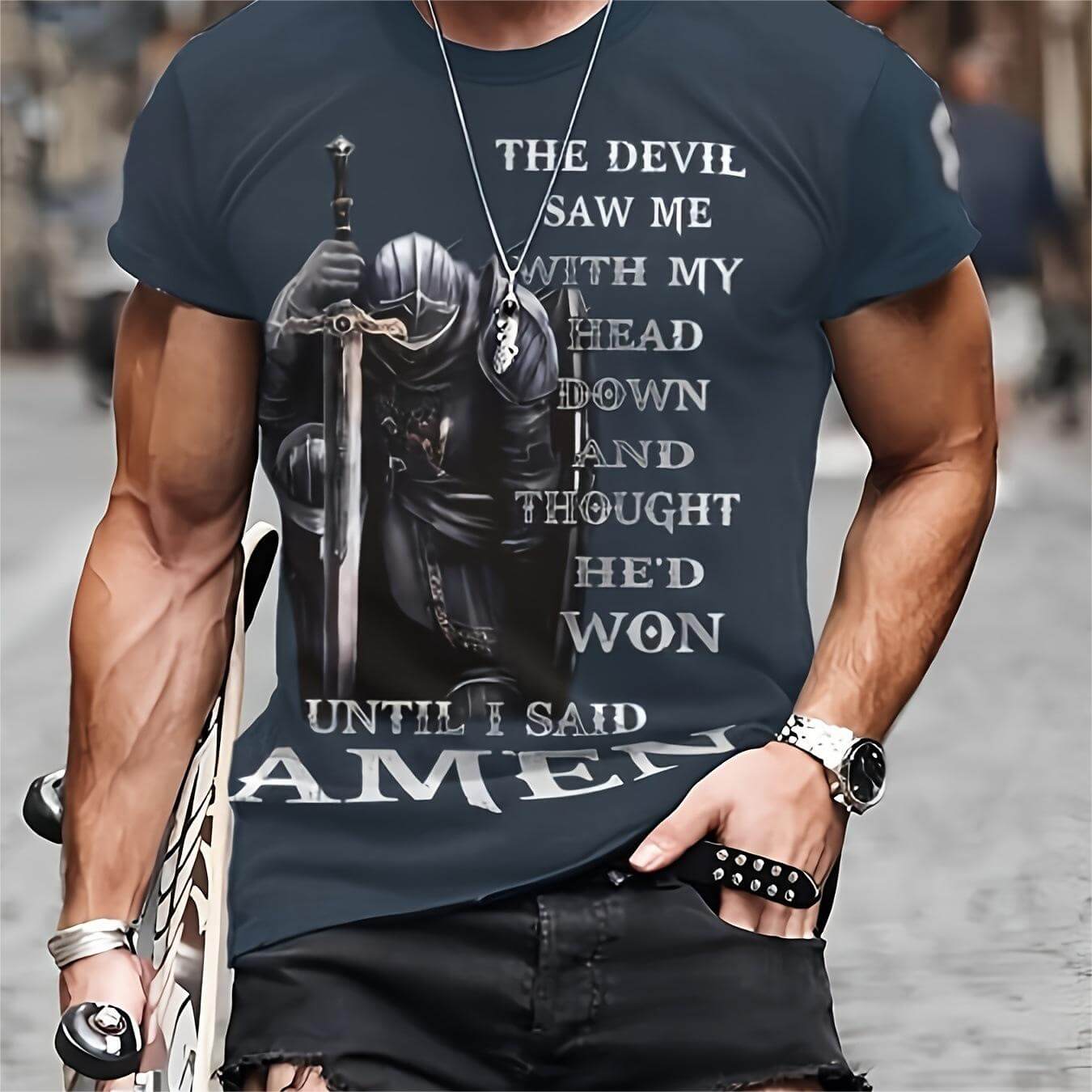 3D printed summer T-shirt for men - Casual Breathable Short Sleeve Top featuring unique design and inspirational quote.