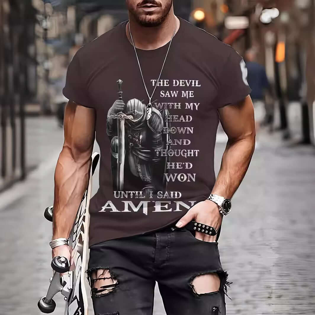 3D printed summer T-shirt for men - Casual Breathable Short Sleeve Top worn by a man in a street setting.