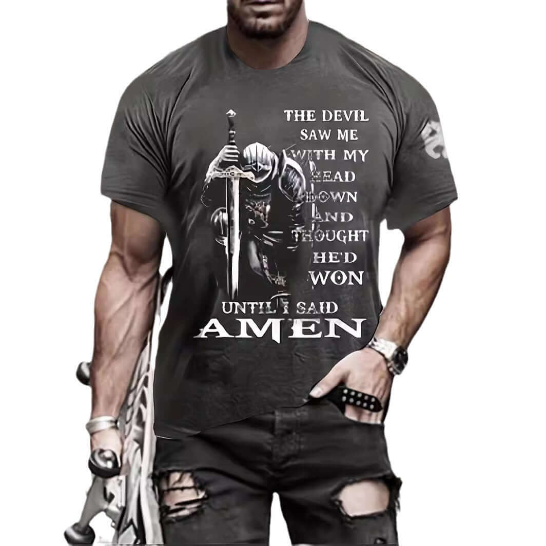 3D printed summer T-shirt for men - Casual Breathable Short Sleeve Top featuring a bold design with a knight and motivational text.