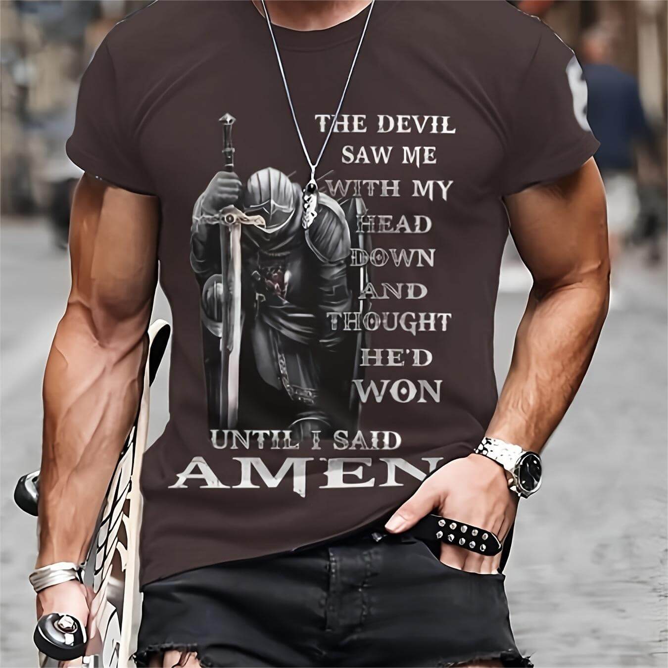 3D printed summer T-shirt for men - Casual Breathable Short Sleeve Top featuring a knight and inspirational text.
