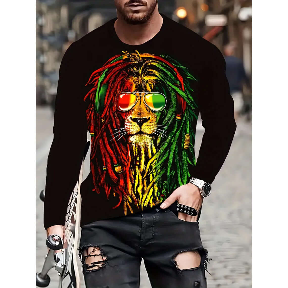 Retro Men's T-shirt 3D Printed Street Hip-hop Loose Crew Neck Casual Long Sleeve featuring a lion design with sunglasses.
