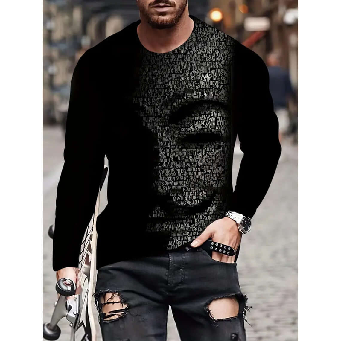 Retro Men's T-shirt 3D Printed Street Hip-hop Loose Crew Neck Casual Long Sleeve on a man in urban setting.
