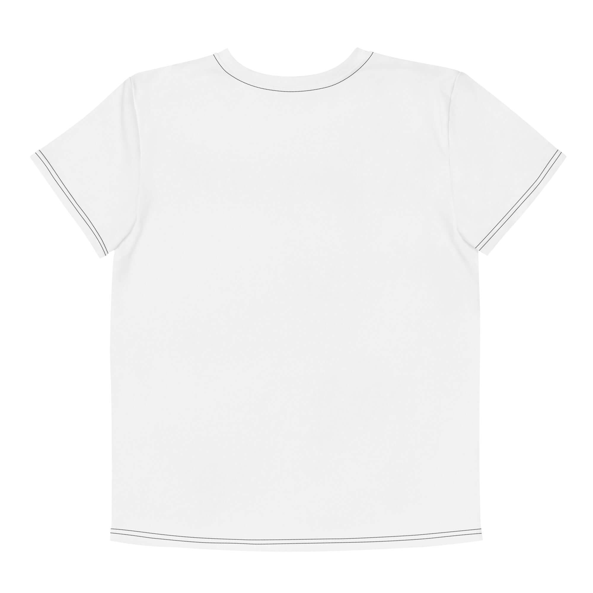 back view of colorful youth crew neck t-shirt with white fabric and contrasting stitching details