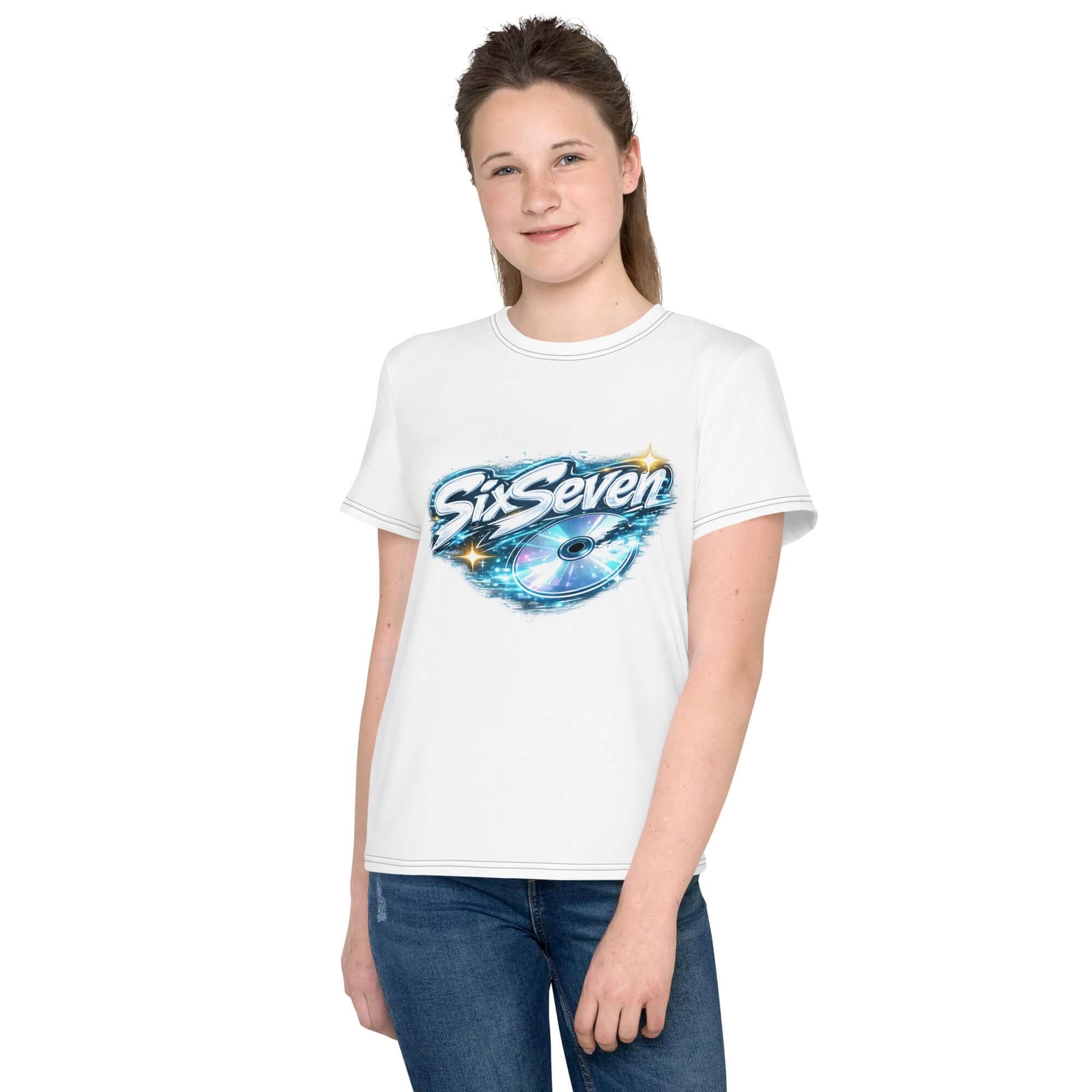 Colorful youth crew neck t-shirt featuring a vibrant design, perfect for teens, model wearing a white shirt with graphic.