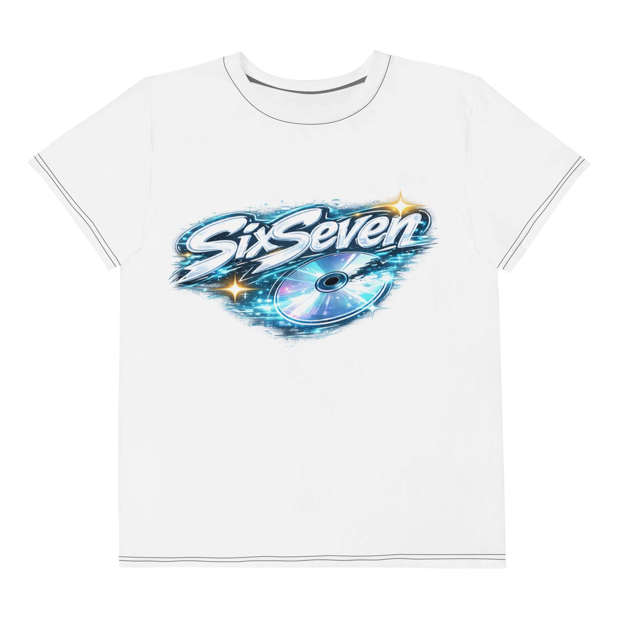 colorful youth crew neck t-shirt featuring a vibrant SixSeven graphic design with a shiny CD motif.