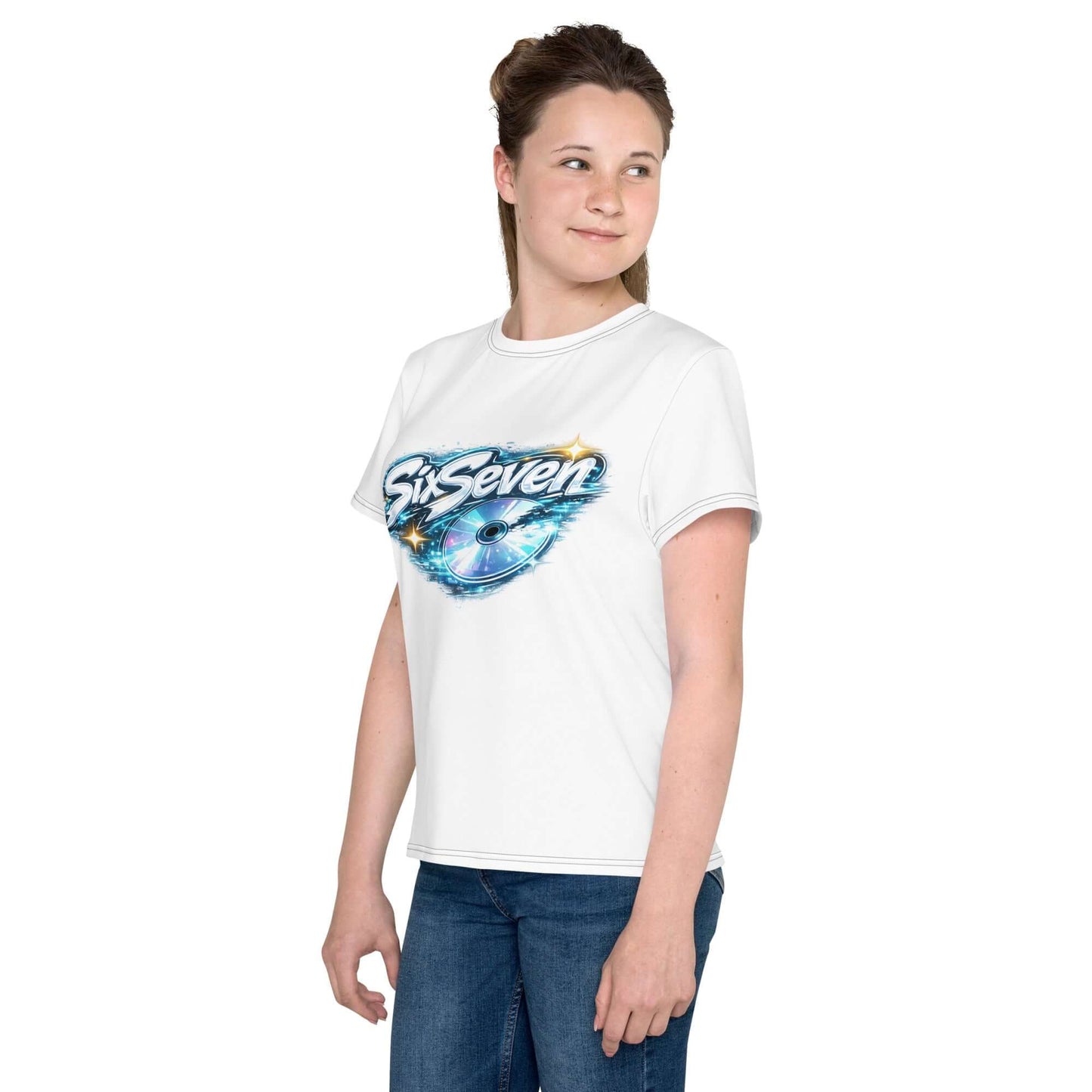 Colorful youth crew neck t-shirt worn by a girl, featuring a vibrant graphic design in blue and white.