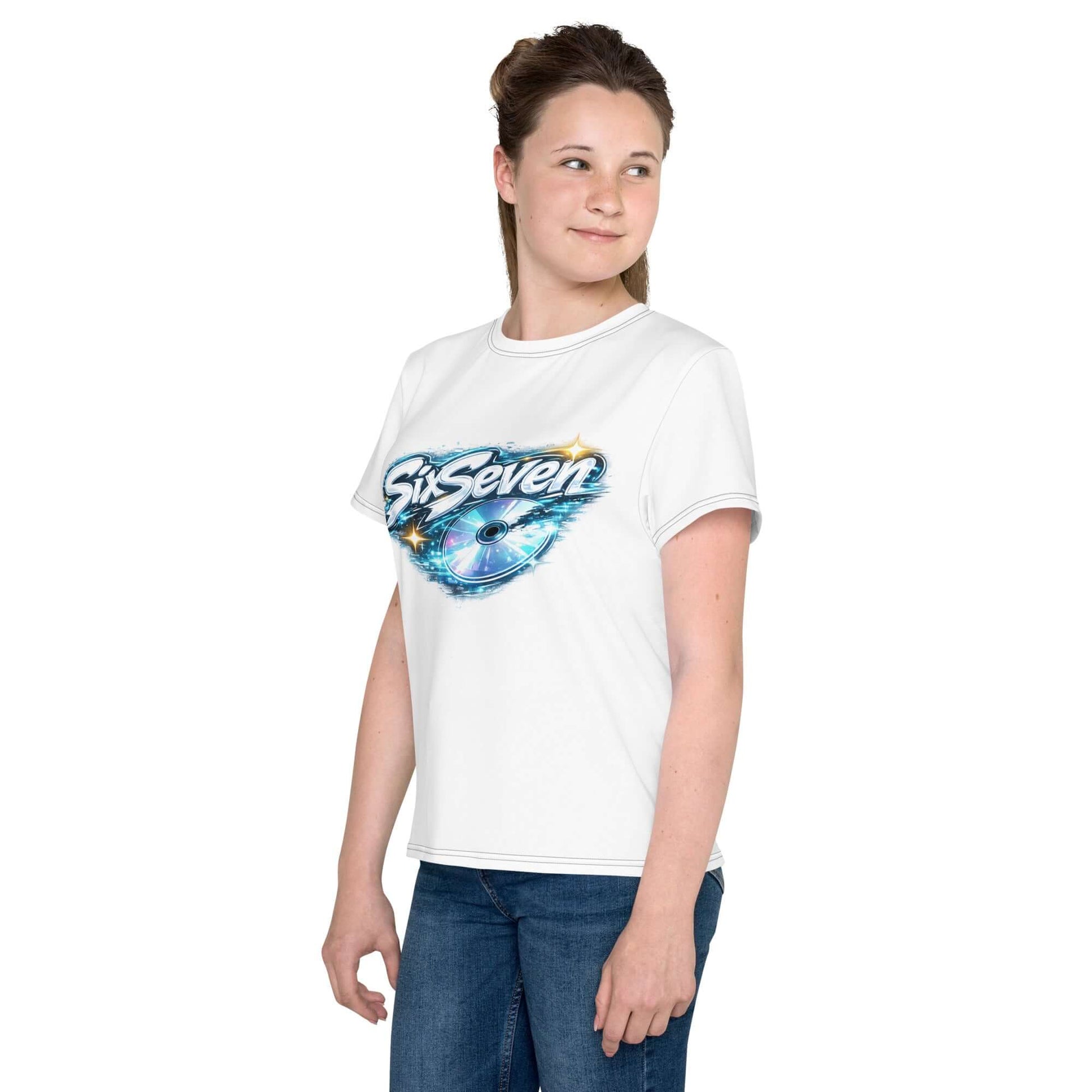 Colorful youth crew neck t-shirt worn by a girl, featuring a vibrant graphic design in blue and white.