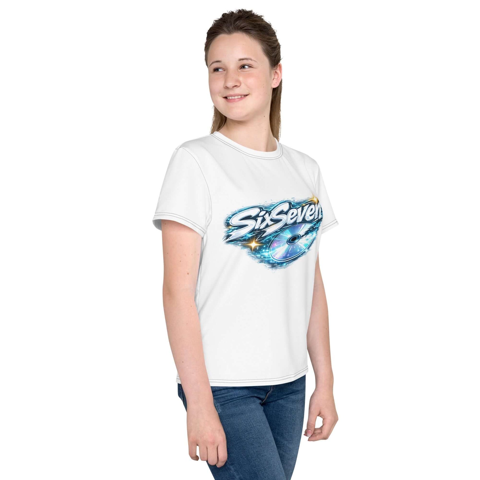 Youth crew neck t-shirt featuring a stylish design with the text 'SixSeven' on a vibrant white background.