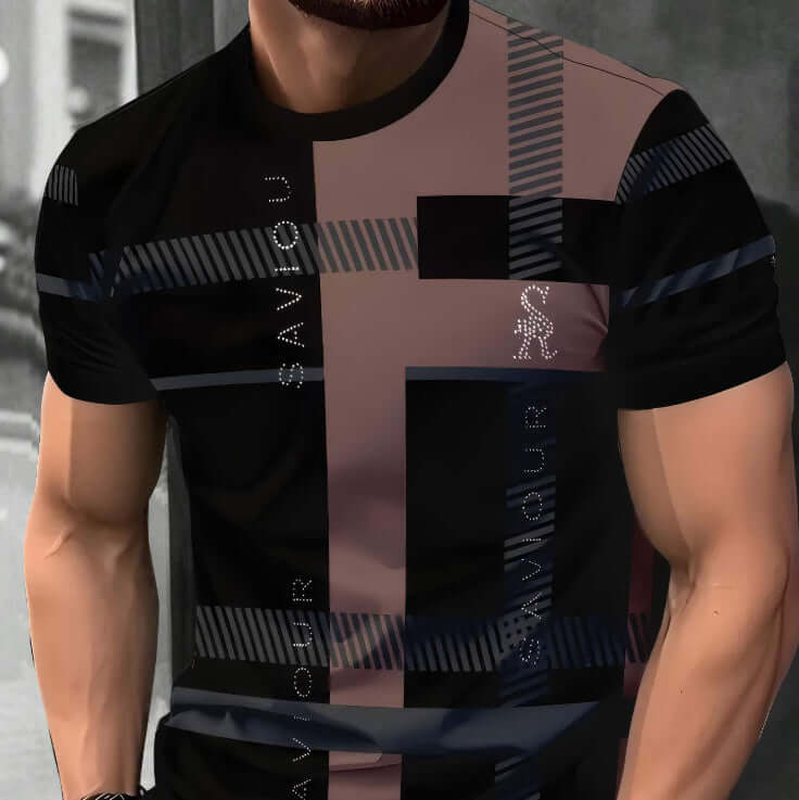 Men's Short-sleeved T-shirt Business Casual Series Digital 3D Printing design in black and brown with stylish graphics