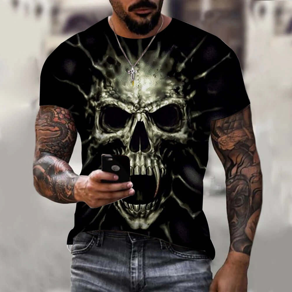 Summer New 3D Printing Fashion Boys' Short Sleeve T-shirt featuring edgy skull design and vibrant prints.