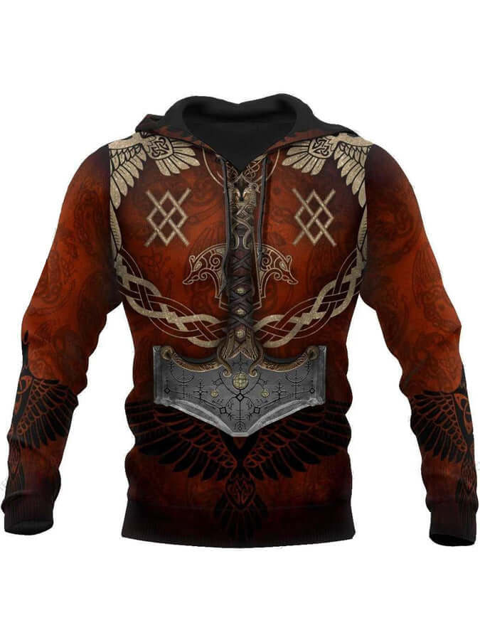 3D printed men's hoodie featuring a bold red design with intricate patterns and a hood, perfect for casual wear.