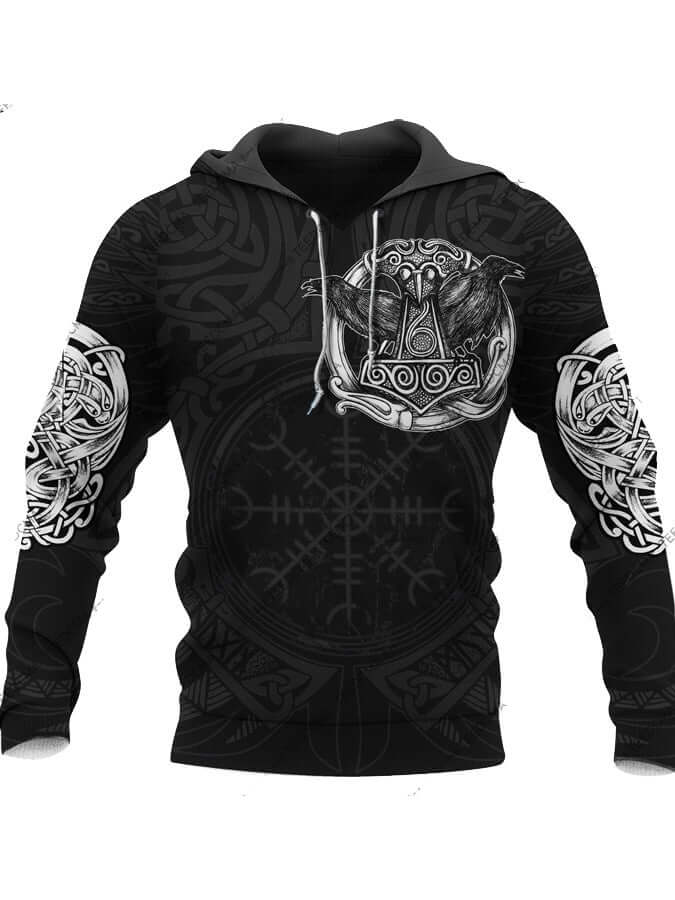 3D printed men's hoodie featuring Norse mythology designs and intricate black patterns.