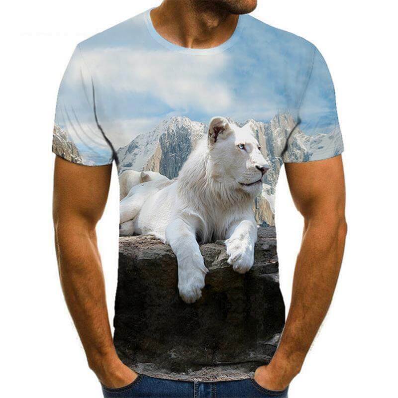 Men's short sleeve animal print 3d t-shirt featuring a lion design against a mountain backdrop.